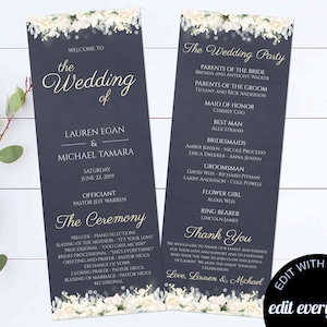 May include: A wedding program with a floral design on a dark blue background. The program includes the names of the bride and groom, Lauren Egan and Michael Tamara, the wedding date, the officiant, and the order of the ceremony. The wedding party is also listed, including the maid of honor, best man, bridesmaids, and groomsmen.