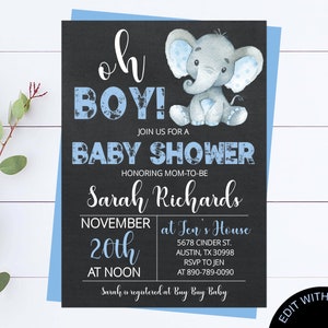 Blue Elephant Baby Shower Boy Invite Blue Baby Shower Baby Boy Shower Invitations Blue Elephant Boy Baby Shower Blue Elephant Invite