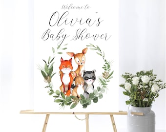 Woodland Animal Baby Shower Welcome Sign Baby Welcome Sign Greenery Baby Shower Sign Welcome Shower Sign Printable Woodland Baby Shower Sign