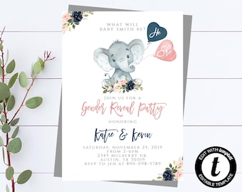 Éléphant sexe révéler inviter rose et bleu éléphant Floral sexe révéler parti inviter Floral sexe révéler inviter ballon sexe révéler