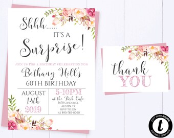 Surprise Birthday Party Invitation Floral 60th Birthday Invitation Pink Surprise Birthday Party Invitation Shhh It's A Surprise Birthday