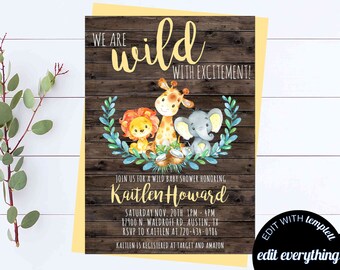Safari Baby Shower Invitation Giraffe Animal Baby Shower Invite Safari Baby Shower Invitation Elephant And Lion Baby Invite Gender Neutral