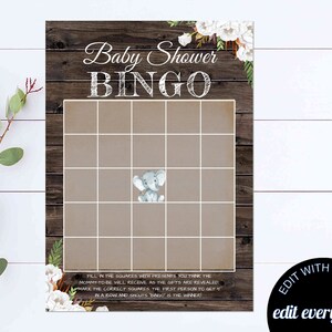 Elephant Baby Shower Bingo Game Baby Shower Bingo Activity Elephant Baby Shower Bingo Printable Game Rustic Floral Baby Shower Bingo Game