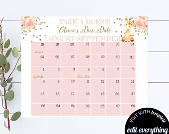 Giraffe Fälligkeit Baby Shower Spiel Pink Rate das Fälligkeitsdatum Baby Shower Spiel Floral Baby Shower Kalender Geburtstagsvorhersage Baby Shower Spiel