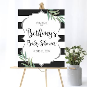 Black And White Baby Shower Welcome Sign Baby Welcome Sign Greenery Baby Shower Decor Welcome Shower Sign Printable Stripes Welcome Sign