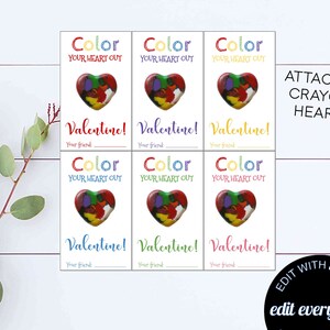 Crayon Valentines Karten Bearbeitbare und personalisierte Color Your Heart Out Valentinstag Karten Set von 6 Kid Crayon Valentines Karten Rainbow