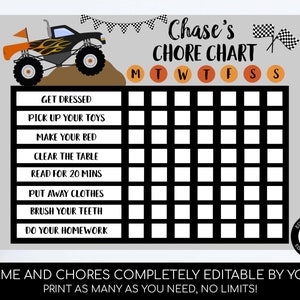 Monster Truck Chore Chart Editable Kids Chore Chart Reward Chart For Kids Boy Truck Chore Responsibility Chart Printable Weekly Chores Chart