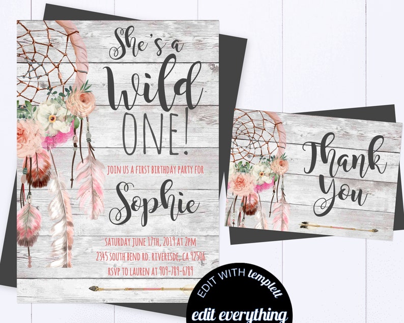 Dreamcatcher Birthday Invitation Wild One Dreamcatcher Boho Etsy