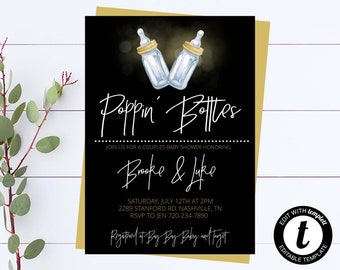 Poppin Bottles Baby Shower Invitation Template Poppin' Bottles Coed Baby Shower Invitation Black And Gold Baby Shower Invite Poppin' Bottles