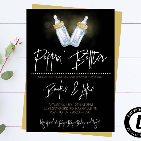 Poppin Bottles Baby Shower Invitation Template Poppin' Bottles Coed Baby Shower Invitation Black And Gold Baby Shower Invite Poppin' Bottles