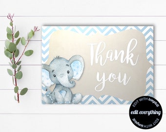 Elephant Thank You Card - Thank You Template - Printable Thank You - Baby Shower Thank You - Thank You Cards - Instant Download - DIY Thank