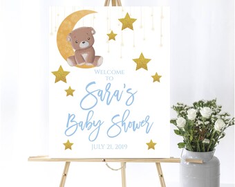 Bear Baby Shower Welcome Sign Moon And Stars Baby Welcome Sign Bear Baby Shower Star Decor Welcome Shower Sign Printable Bear Welcome Sign
