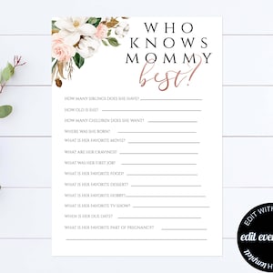 Rose Gold Who Knows Mommy Best Baby Shower Game Floral Magnolia Who Knows Mommy Shower Game Floral Who Knows Mommy Best Baby Shower Game