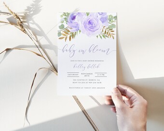 Baby In Bloom Purple Floral Baby Shower Invitation Girl Baby Shower Invitation Purple Baby In Bloom Floral Shower Invite Spring Baby Shower
