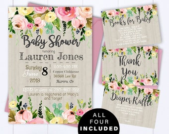 Bloemen baby shower uitnodiging sjabloon Bloemen aquarel baby shower uitnodigen Meisje baby shower bloem uitnodiging Groen baby shower uitnodigen