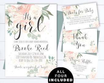 Bloemen baby shower uitnodiging sjabloon Bloemen aquarel baby shower uitnodigen Meisje baby shower bloem uitnodiging Groen baby shower uitnodigen