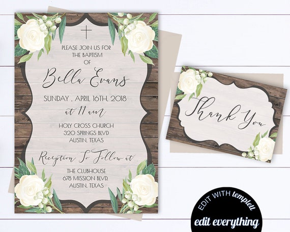 Baptism Invitation Girl Baptism Invitation Floral Watercolor Baptism Printable Baptism Invites Christening Invite Baby Girl Baptism Invite