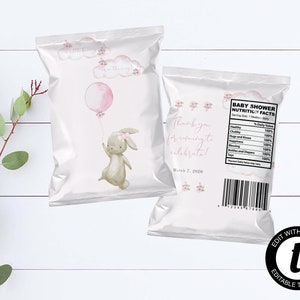 Hase Chip Tasche Baby Shower Vorlage Rosa Blumen Baby Shower Favor Taschen Bearbeitbare Chip Tasche Rosa Ballon druckbare Chip Tasche Vorlage