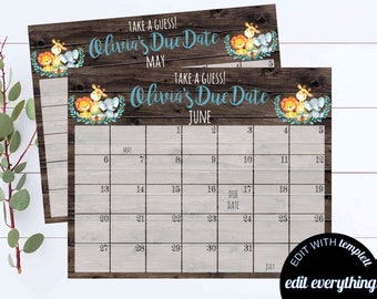 Safari Due Date Baby Shower Spiel Raten Sie das Fälligkeitsdatum Baby Shower Spiel Elefant Baby Shower Kalender Geburtstagsvorhersage Baby Shower Spiel