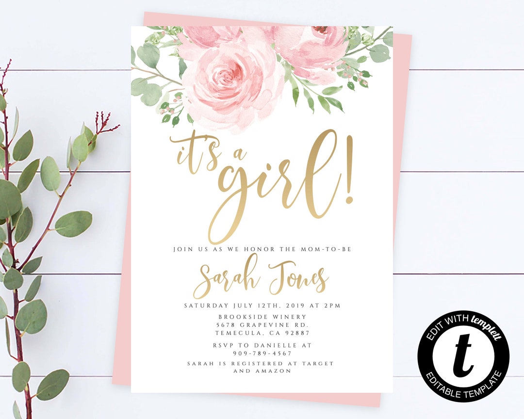 Blush Pink Floral Baby Shower Invitation Template Girl Baby Shower ...