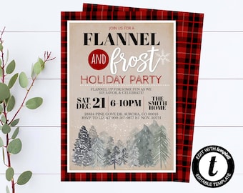 May include: A red and black plaid invitation for a "Flannel and Frost Holiday Party" on December 21st from 6-10pm at The Smith Home. The invitation features a watercolor illustration of a snowy forest.