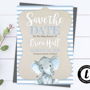 Elefant Baby Shower Save The Date Blaue Baby Shower Save The Date Karte druckbare Save The Date Bearbeitbare Elephant Save The Date Vorlage