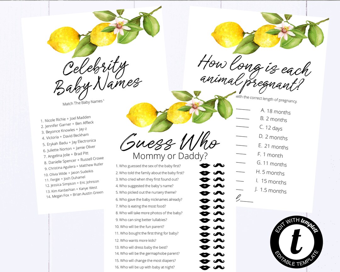Lemon Baby Shower Games Printable Baby Shower Games Package - Etsy