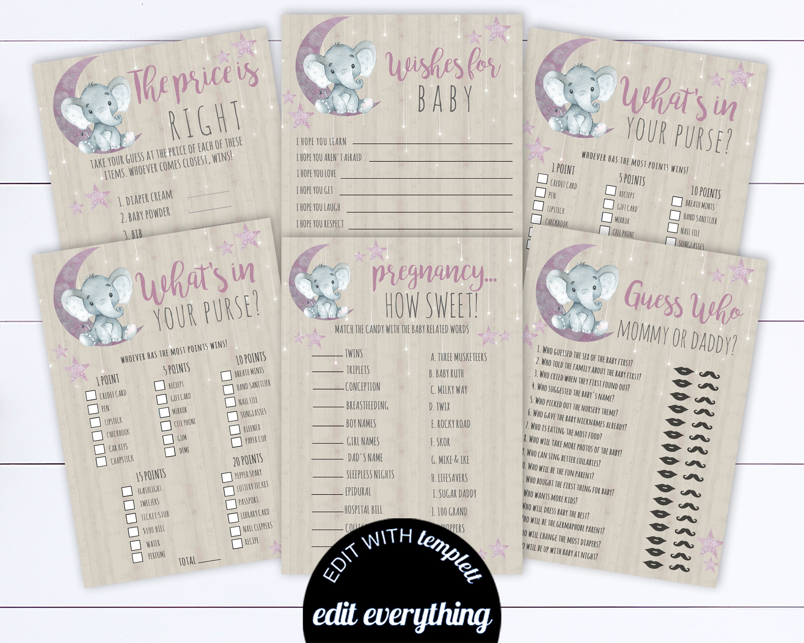 Elephant Baby Shower Games Printable Baby Shower Games Package | Etsy