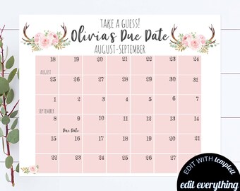 Blush Pink Fälligkeitsdatum Baby Shower Spiel Erraten Sie das Fälligkeitsdatum Baby Shower Spiel Floral Baby Shower Kalender Geburtstagsvorhersage Baby Shower Spiel