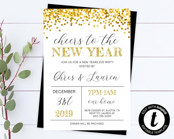 New Years Eve Party Invitation Template Black And Gold Editable Party Invite Cheers To A New Year New Years Eve Party Invite