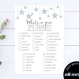 Twinkle Little Star What&#39;s In Your Purse Baby Shower Game Purse Game Printable Shower Purse Game Blue Stars What&#39;s In Your Purse Shower Game