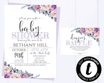 Purple Floral Baby Shower Invitation Template Floral Watercolor Baby Shower Invite Baby Girl Shower Floral Invite Girl Purple Shower Invite