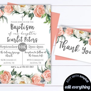 May include: A white card with a pink and white floral border. The text on the card reads "Please join us for the Baptism of our daughter Scarlet Peters September 10th 2pm-4pm at The Calvary Springs Church 5678 Cinder St. Austin, TX Reception to follow at The Corner Cafe 8970 Corner St. Austin, TX RSVP to Joy at 789-567-8907". A smaller white card with a pink and white floral border reads "Thank You".