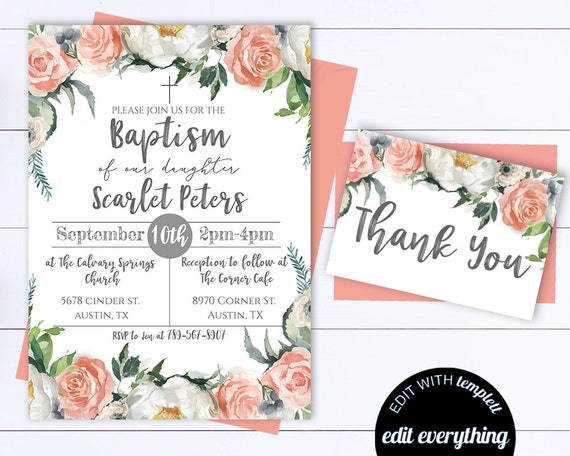 Baptism Invitation Girl Baptism Invitation Floral Watercolor Baptism Printable Baptism Invites Christening Invite Baby Girl Baptism Invite