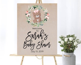 Floral Bear Baby Shower Welcome Sign Baby Welcome Sign Bear Baby Shower Decor Welcome Shower Sign Printable Welcome Sign Printable Sign