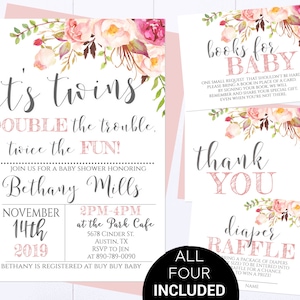 Twins Floral Pink Baby Shower Invite Double Trouble Twins Pink Floral Baby Shower Invite Twin Girl Shower Invitation It&#39;s Twins Girl Shower