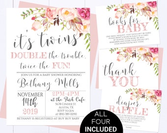 Twins Floral Pink Baby Shower Invite Double Trouble Twins Pink Floral Baby Shower Invite Twin Girl Shower Invitation It's Twins Girl Shower