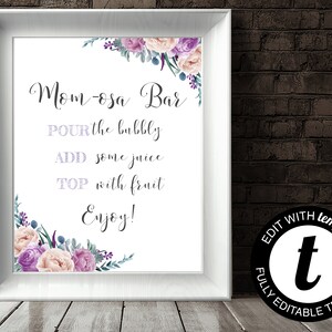 Purple Floral Baby Shower Mom-osa Bar Sign Purple Baby Shower Mimosa Bar Sign Printable Baby Shower Mom-osa Sign Baby Shower Mimosa Bar Sign