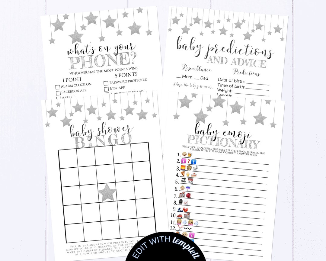 Twinkle Star Shower Games Printable Silver Baby Shower Games Package Baby Shower Activity