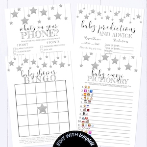 May include: A printable set of baby shower games with a silver glitter star theme. The games include "What's on Your Phone?", "Baby Shower Bingo", "Baby Predictions and Advice", and "Baby Emoji Pictionary".