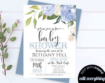 Floral Blue Baby Shower Boy Invite Blue Floral Baby Shower Invite Baby Boy Floral Shower Invitations Blue Boy Baby Modern Shower Invite
