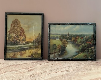 Set of 2 Mid Century Cottage Pastoral Landscape Gallery Wall Art Metal Frame 5x4