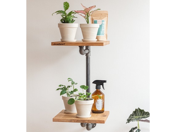 URBAN JUNGLE II - Wandregal im Industrial Style für Pflanzen, Dekoartikel, Bücher oder Kleidung, Pflanzenregal, Regal mit 2 Ablagen aus Holz
