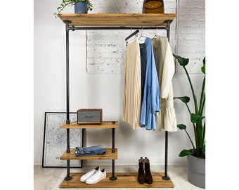 UNIQUE TOP - clothes rack with wood storage - industrial style