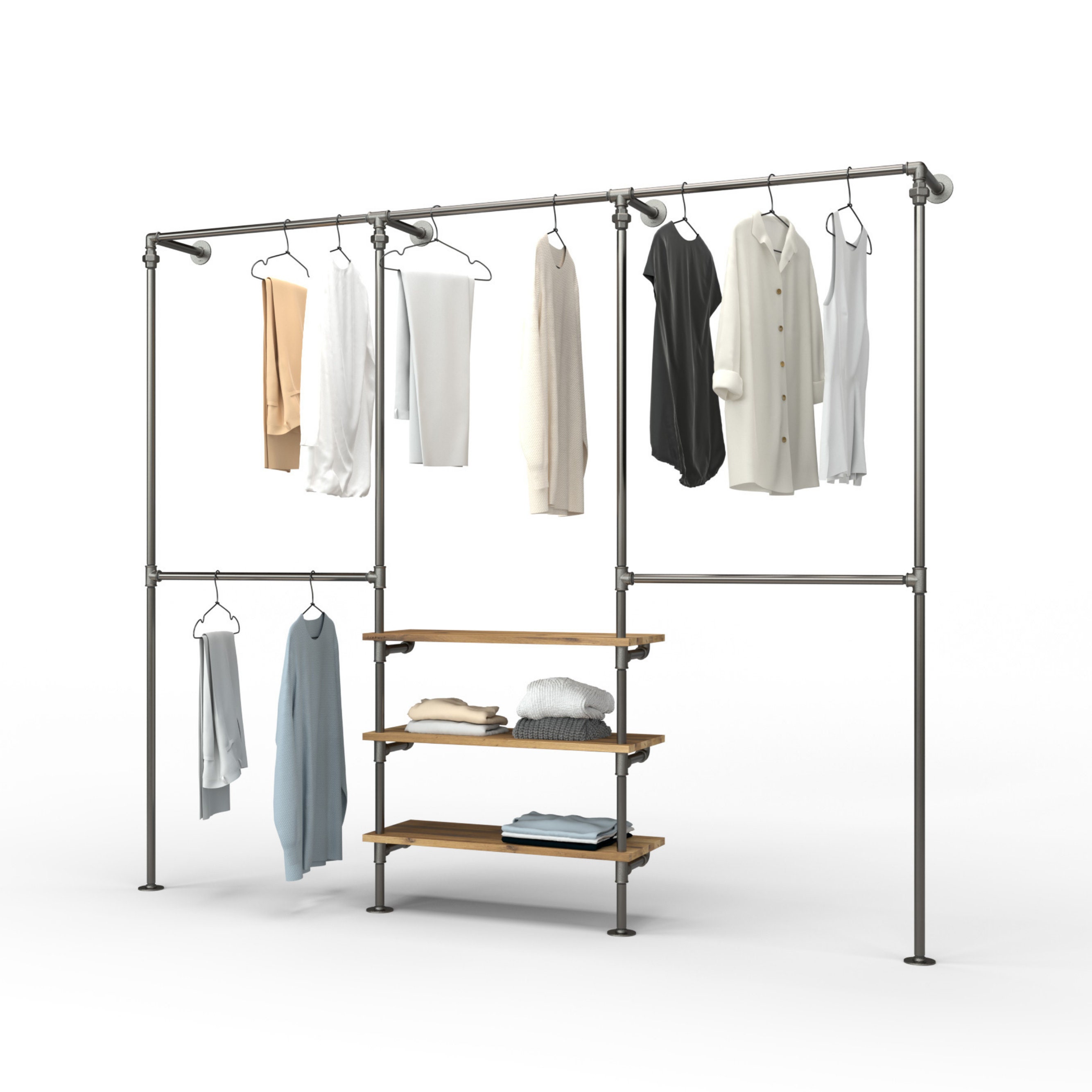 TRIPLE Shelf Type 1 Kleiderstangen System mit 3 Reihen und 3 Regalen,  Kleiderschrank begehbar aus Stahl und Holz, Garderobe minimalistisch