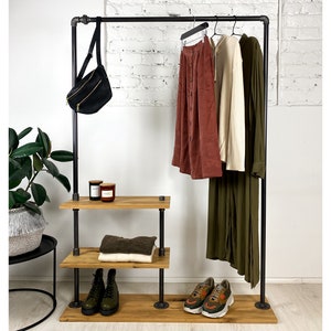 UNIQUE - industrial clothing rack of steelpipe with wooden storage