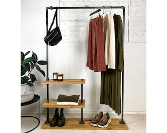 UNIQUE - industrial clothing rack of steelpipe with wooden storage