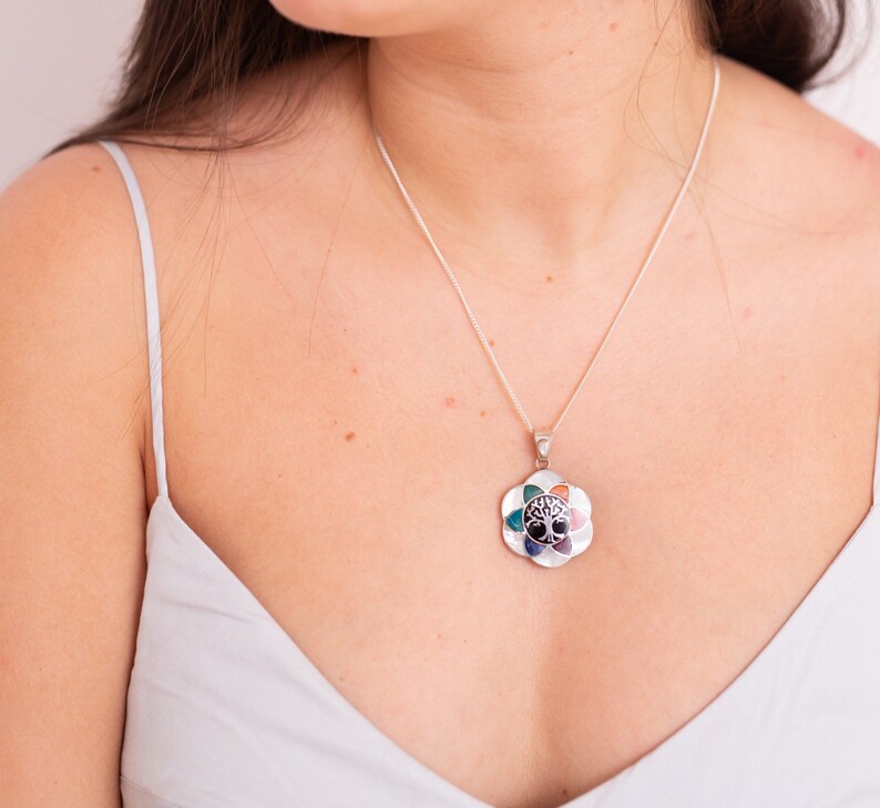Peru Cusco Flower Tree of life 950 Silver Necklace /& Pendant Boho Shaman Peruvian Inca 7 Colors Chakra Pachamama Earth Gift