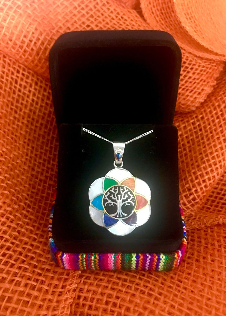 Peru Cusco Flower Tree of life 950 Silver Necklace /& Pendant Boho Shaman Peruvian Inca 7 Colors Chakra Pachamama Earth Gift