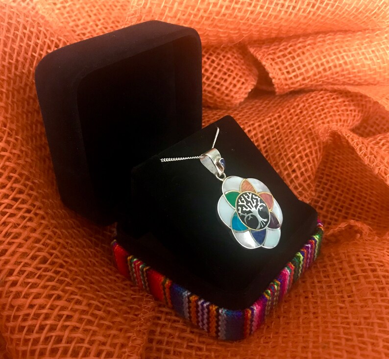 Peru Cusco Flower Tree of life 950 Silver Necklace /& Pendant Boho Shaman Peruvian Inca 7 Colors Chakra Pachamama Earth Gift
